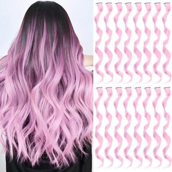 16PCS Curly Wavy Light Pink Streaks Synthetic Hairpiece Clip-in Hair Extensions
